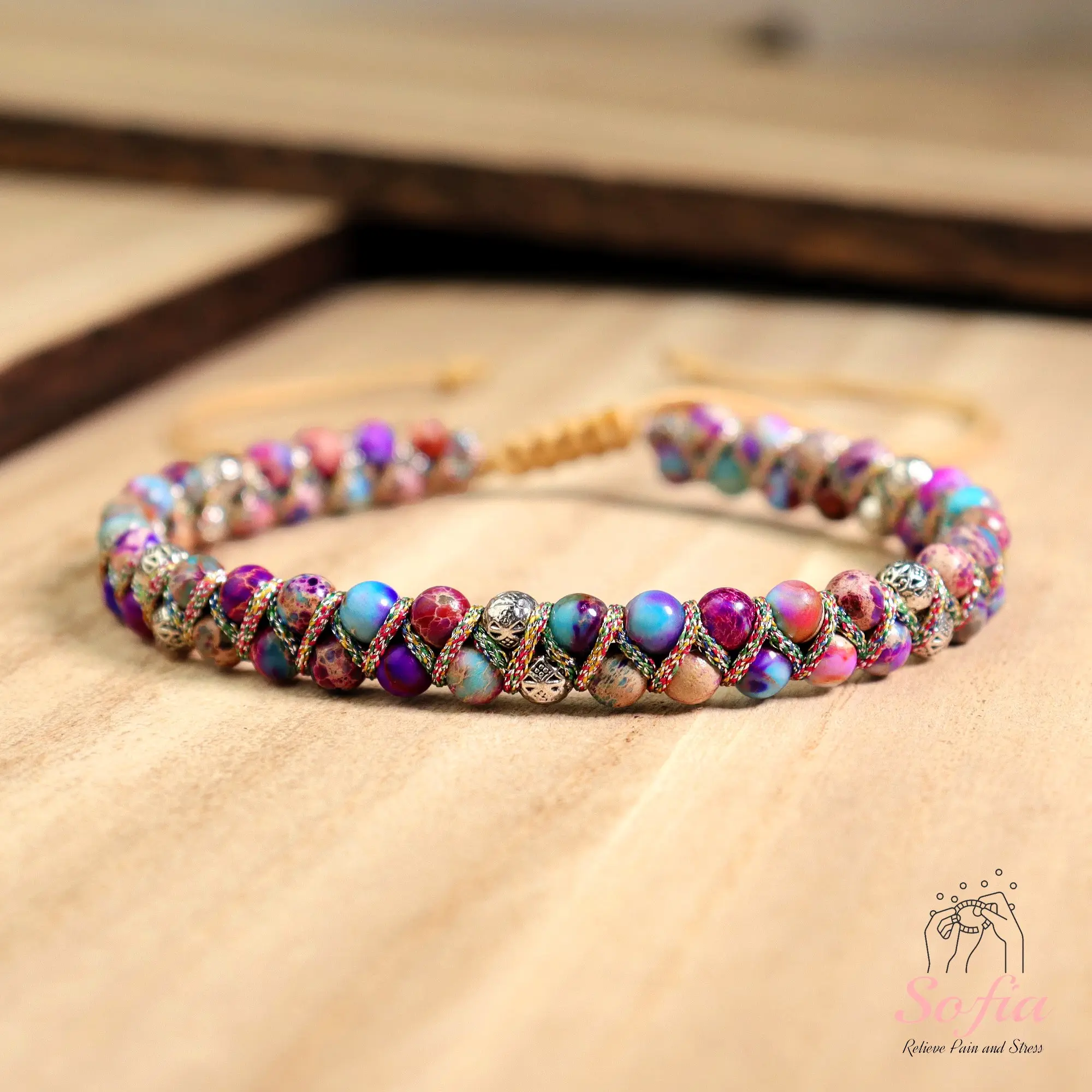 Natural Boho Sea Sediment Gemstone Bracelet Purple Stone Crystal Bracelet Bohemia Style for Daily Use Adjustable, Gift to him, Gift to her