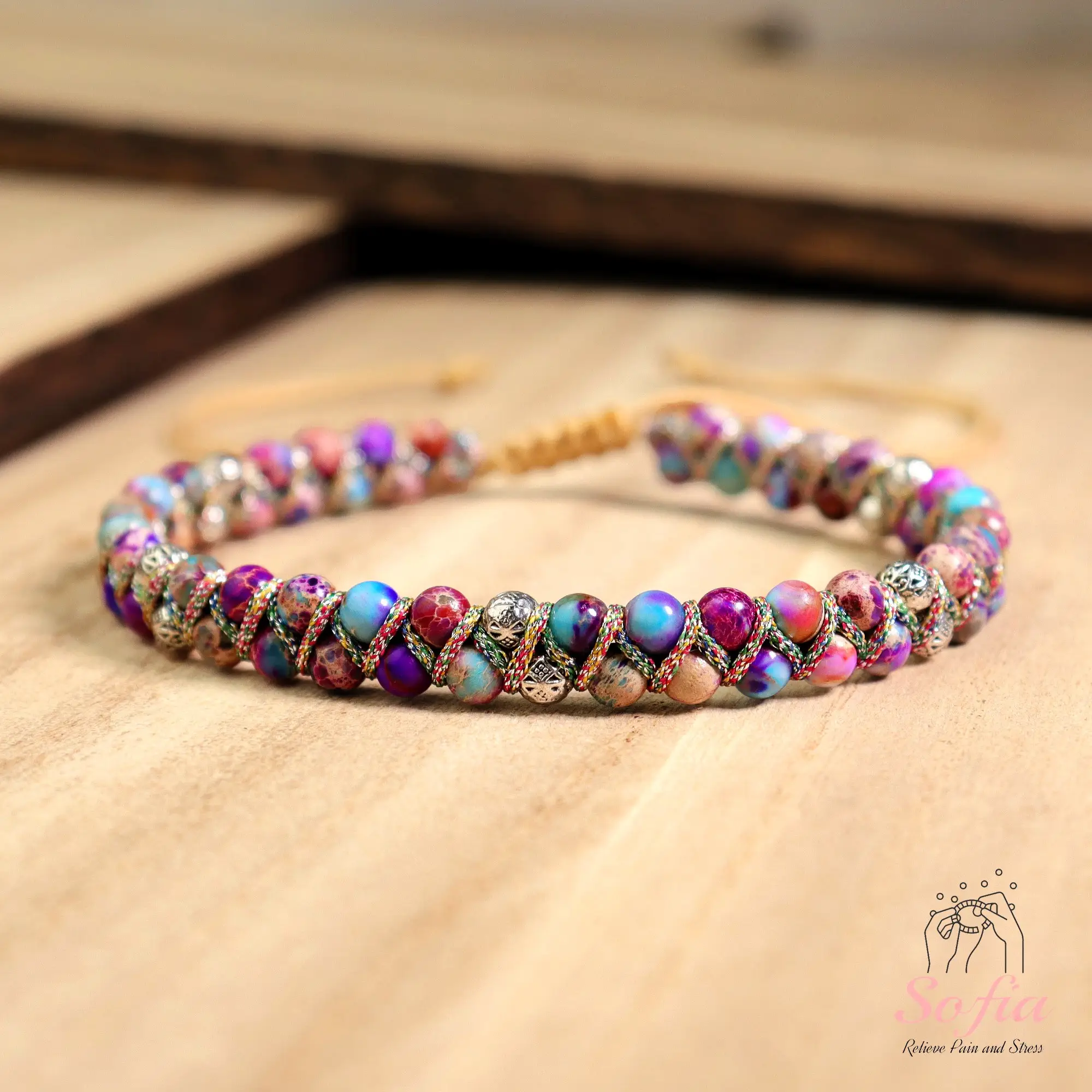 Natural Boho Sea Sediment Jasper Gemstone Bracelet Purple Stone Crystal Bracelet Bohemia Style for Daily Use Adjustable, Gift to him, Gift to her