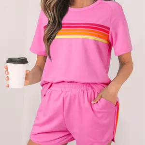 Women's Rainbow Pink & Blue Striped Patch Front Casual Tee and Elastic High Waist Active Shorts