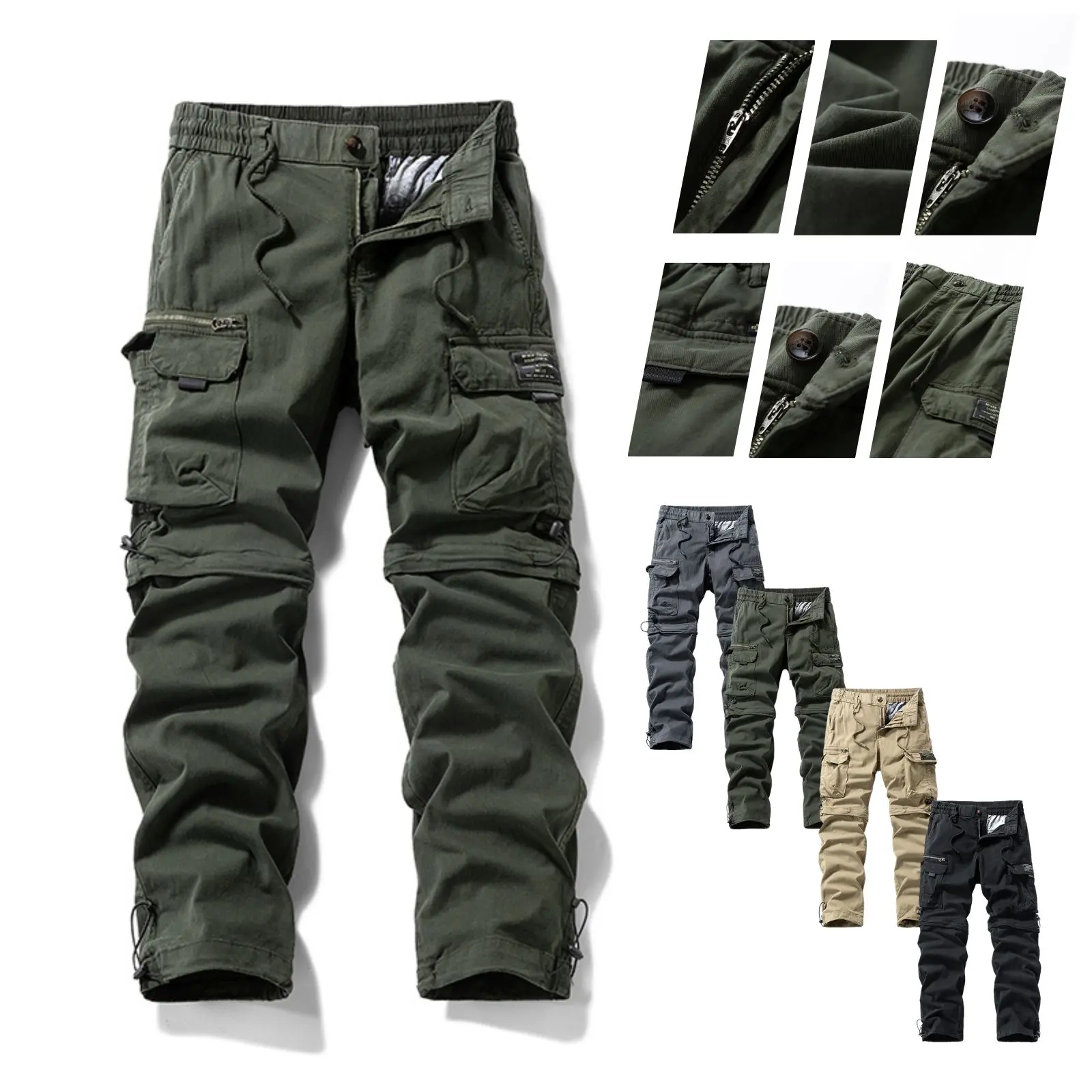 Men's Plain Cotton Blend Fabric Cargo Pants, Casual Chic Mid Waist Standard Fit Outdoor Trousers with Drawstring Waist, Patch Pockets, Zipper Fly - Menswear, Stylish