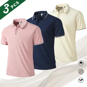 3-Pack Short Sleeve Lapel POLO Shirt Striped Collar Design Men's Comfortable Casual Breathable Top Multi-Pack Set good graphic tees