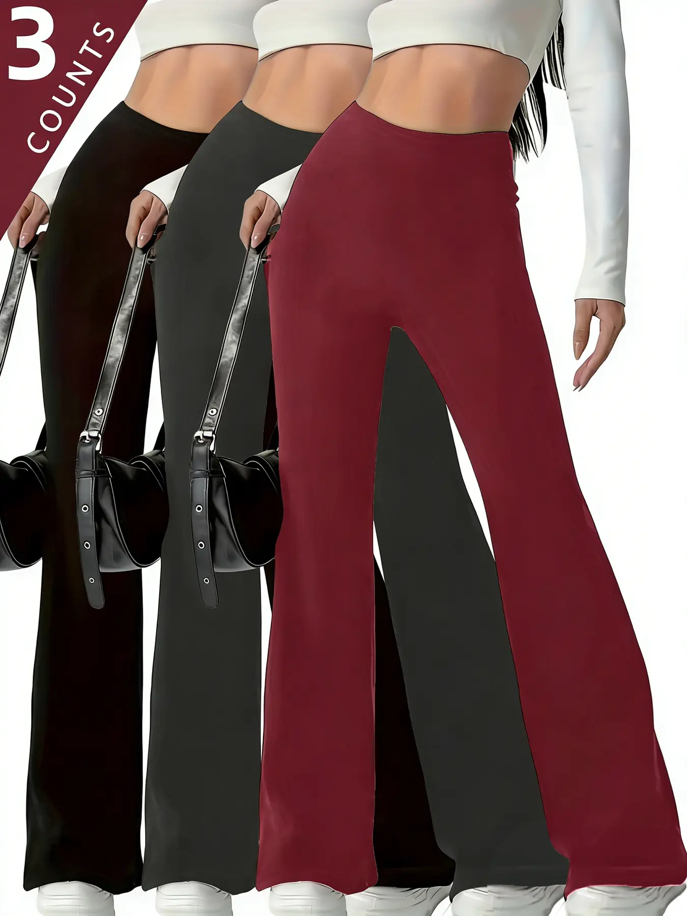 Women's Fleece-Lined Pants, 3-Pack High Waisted Wide Leg, Comfortable Stretchy Basic Bottom with Bootcut Fit for Winter Lounging, 3Pcs