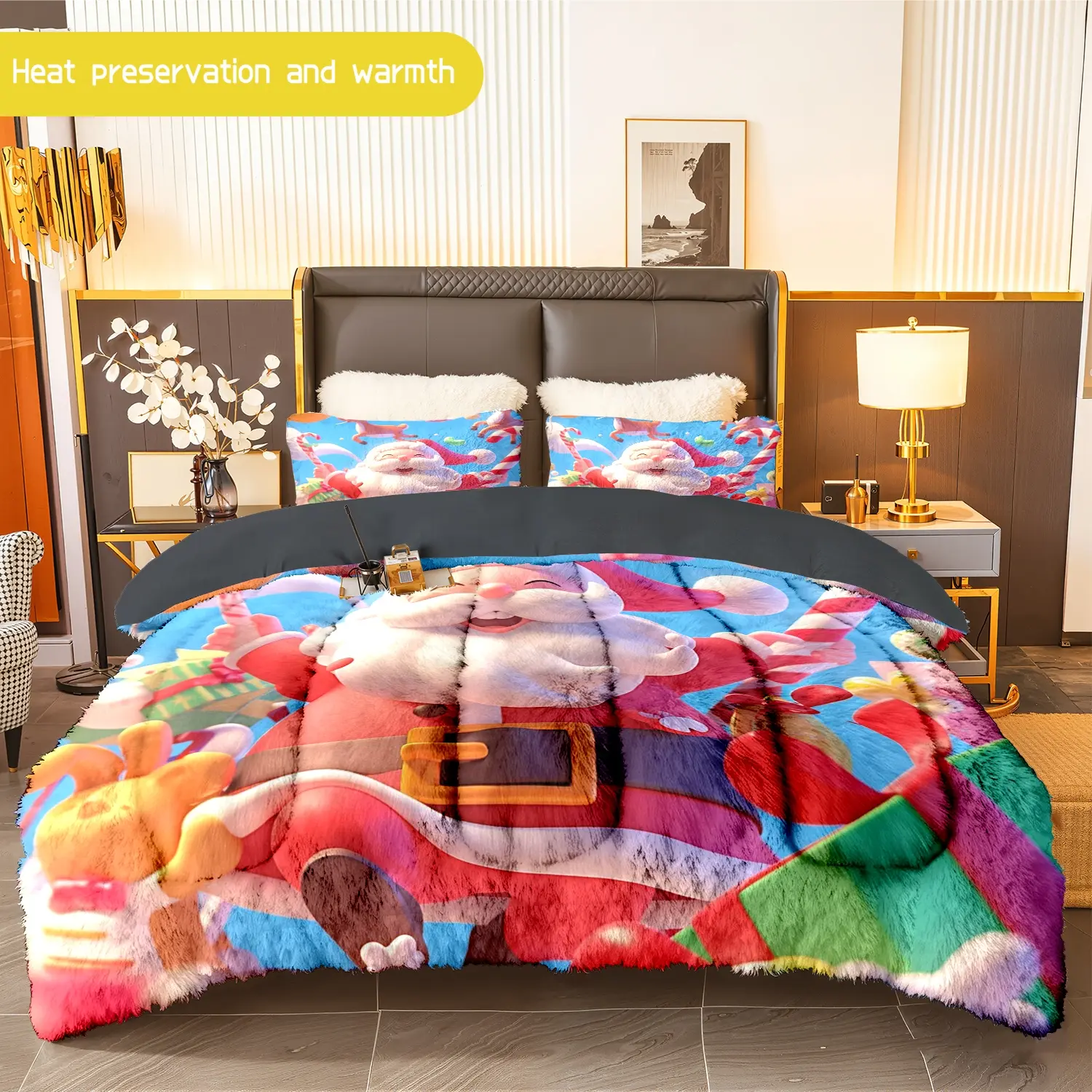 3pcs (1 comforter + 2 pillowcases) Santa - themed Flannel and Milk Velvet Comforter Set, Soft Warm Bedding for Adults, Cozy Flannel and Milk Velvet Quilt Set, Trendy Bedding Essentials