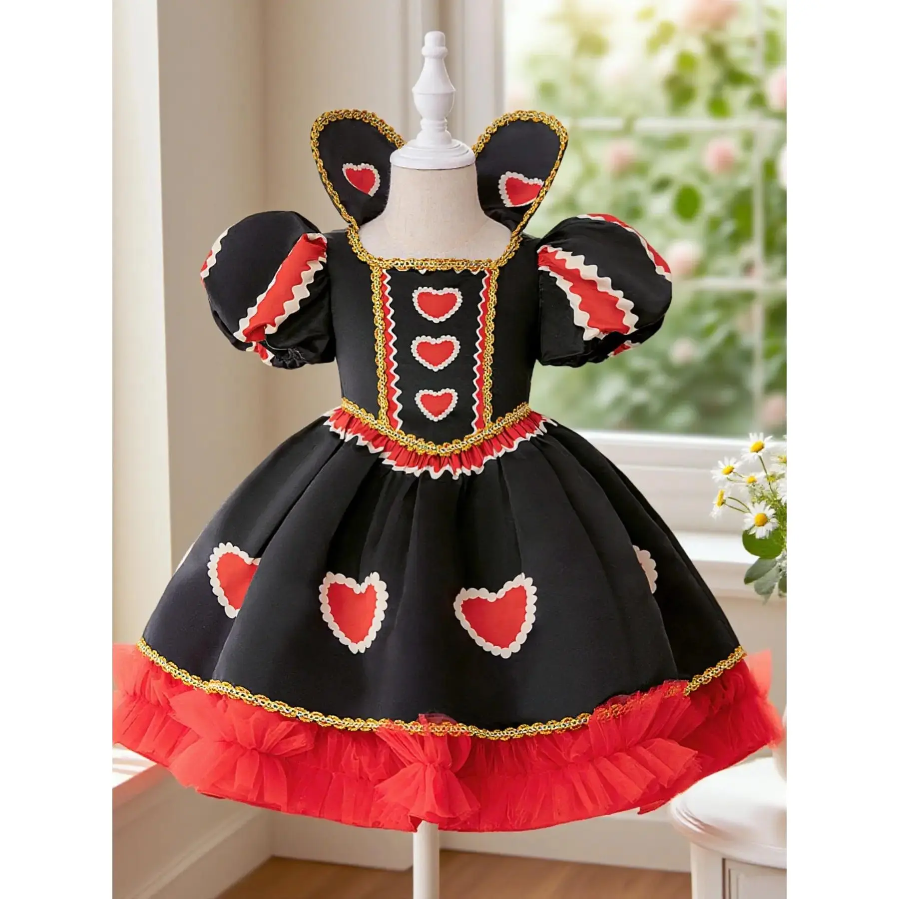 Girls' Alice in Wonderland Halloween Princess Red Queen Classic Cosplay Dress - 4y(104cm), 5-6 Years Knee-Length All Seasons Kids' Trick-or-Treat Outfit