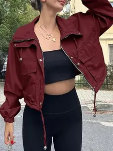 Women's Oversized Short Cropped Utility Anorak Jacket, Long Sleeve Zip Up Lightweight Casual Polyester Outerwear with Pockets