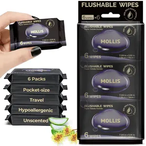 MOLLIS Flushable Wipes with Witch Hazel & Vitamin E, Unscented & Alcohol-Free, Pocket Size Mini Packs, 100% Plant-Based, Sewer & Septic Safe