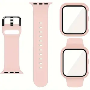 Soft Silicone Sport Watch Band & 2 in 1 Screen Protector Tempered Film Watch Case, Smartwatch Strap, Smart Watch Straps, Watch Accessories Compatible with Apple Watch Series Ultra/SE/10/9/8/7/6/5/4/3/2/1, Wearable