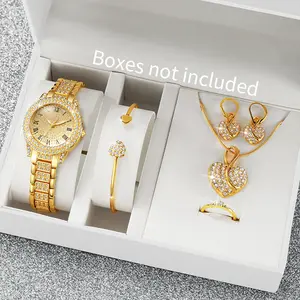 2/6PCS Luxury Rhinestone Women Watches Heart Jewelry Set Ladies Roma Dial Quartz Wristwatch Reloj Mujer Girls Clock(Without Box)