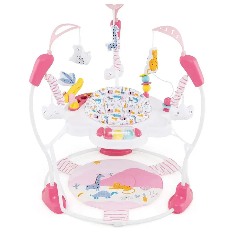 INFANS 3-in-1 Baby Activity Center Jumper Bouncer - Baby Furniture, Metal Frame, 360° Rotatable Seat, Plush Toys, Music, Lights, Adjustable Heights (3), Exersaucer for 6-12 Months (Pink)
