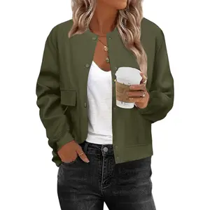 Women Bomber Jacket Casual Button Down Varsity Jackets Shackets With Pockets Outwear