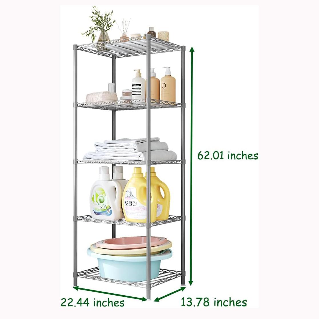 Wire Rack Shelving Organizer 5-Tier Heavy Duty Metal Standing Storage Unit for Garage Kitchen Utensils Home Supplies Installation Sliver