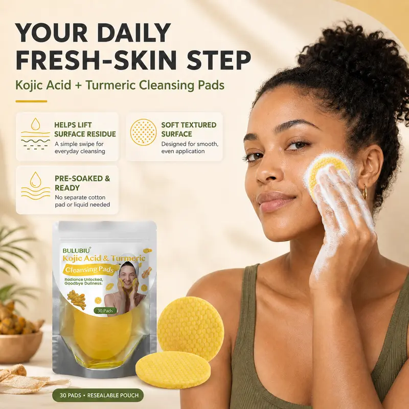Summerwins 30-Pack Korean Kojic Acid & Turmeric Gentle Honeycomb Cotton Pads with Pouch - Vitamin-Infused Cleanser, Whitening Exfoliator, Makeup Remover for Adult Normal Skin Daily Care - Lightweight Hydrating Skincare