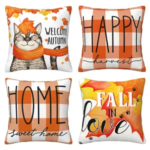 Autumn outdoor pillow cover, buffalo grid farmhouse style decoration, autumn Thanksgiving decoration cushion cover, home decoration, suitable for sofas, porches, beds, living rooms, maple leaf orange cat pattern, 4-piece set with double-sided printing