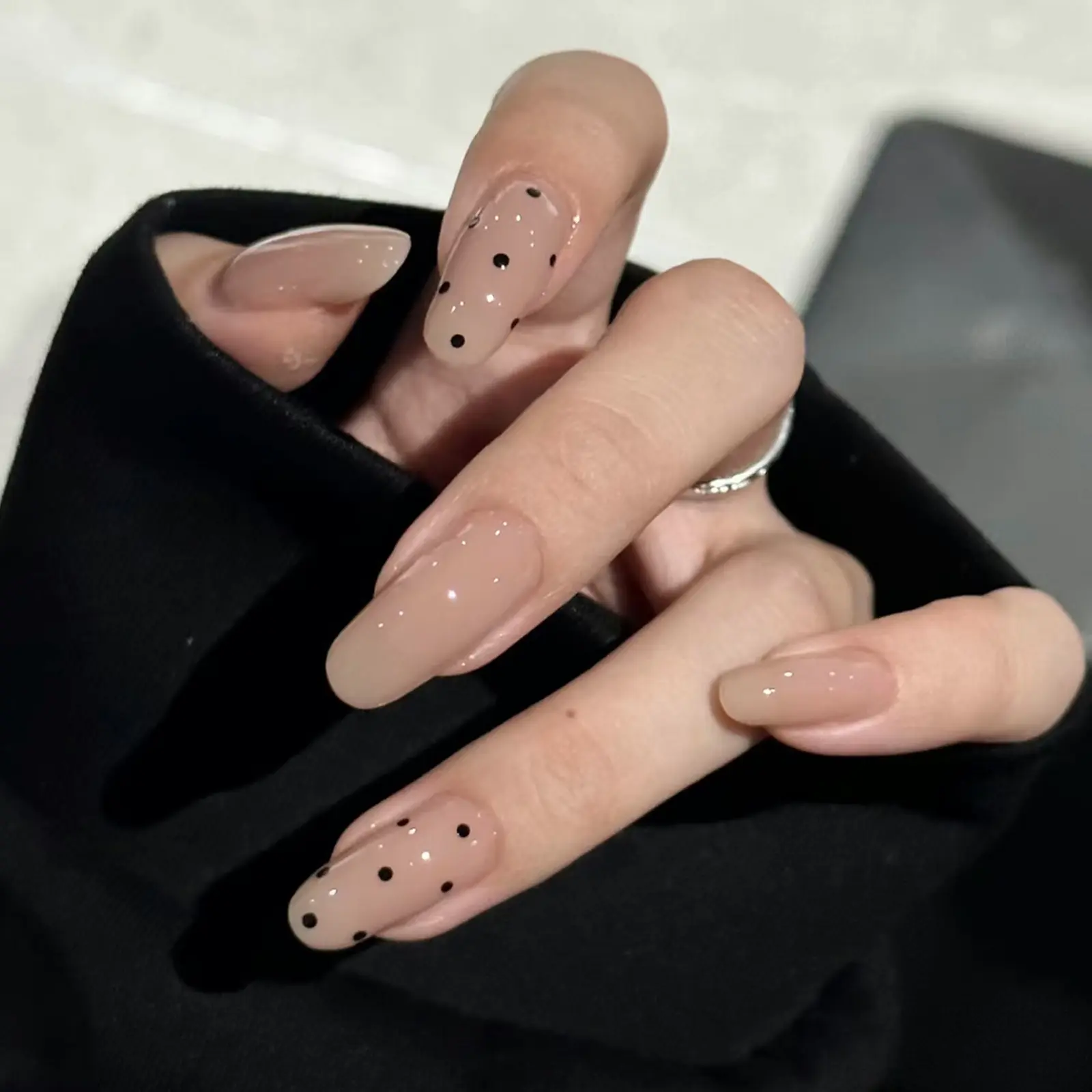 30pcs Almond Shape Press-On Nails, Coffee Color Polka Dot Print, Includes Jelly Glue and File, Reusable Daily Use Nail Art Set, Almond Fake Nails, Fake Nails Kit