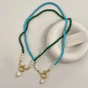 Premium Natural Pearl & Turquoise Necklace for Women, Minimalist Luxury Jewelry, Versatile Clavicle & Sweater Chain