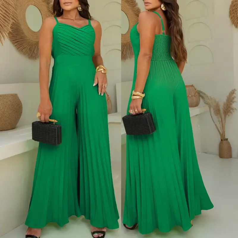 CHICME Women's Basic Modern Elegant Sleeveless Pleated V-Neck Spaghetti Strap Tie Waist Wide Leg Flared Jumpsuit, Overalls (Womenswear Jumpsuits & Rompers)