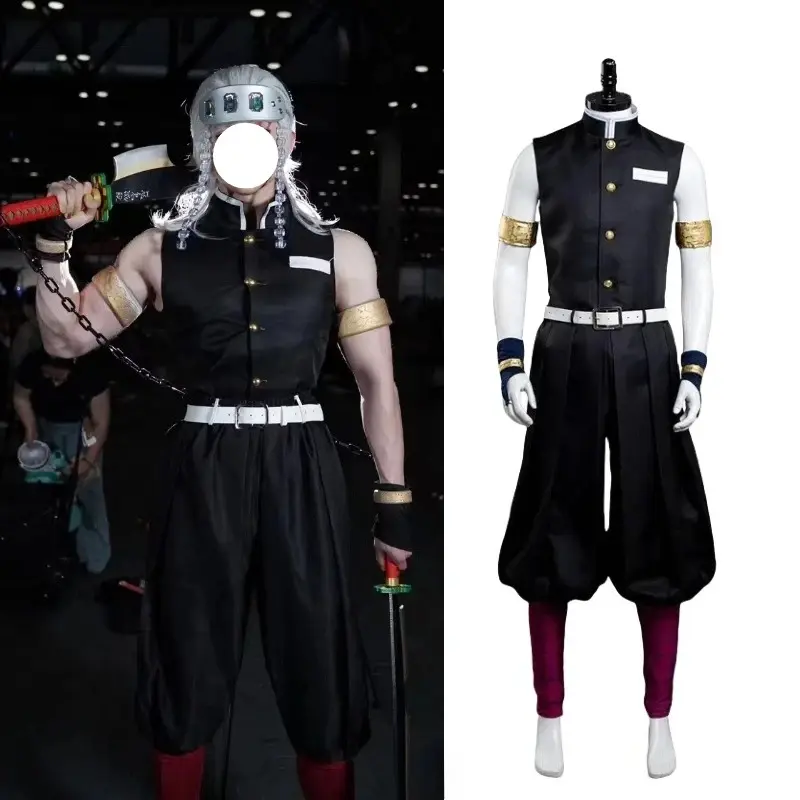 Anime Cosplay Uzui Tengen Costume Black Top Pants with Accessories Full Set for Men Halloween Carnival Party
