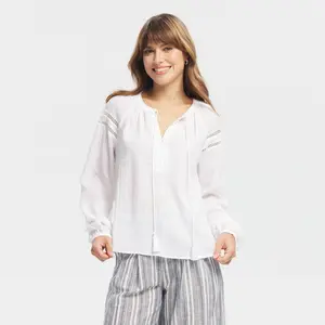 Women's Puff Long Sleeve Tassel Drawstring Tie-Front Blouse - Universal Thread White M