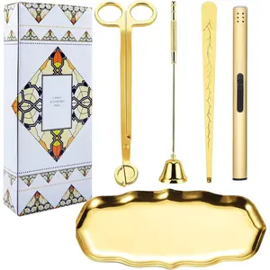 5 in 1 Gold Candle Accessory Set with Wick Trimmer Lighter Snuffer Wick Dipper and Tray for Scented Candle Lovers