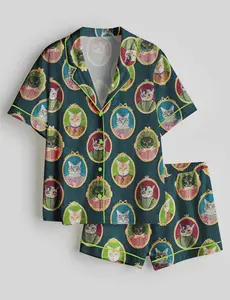 Women’s Colorful Cat Cameo Print Satin Pajama Set, Short Sleeve Cute Cat Sleepwear