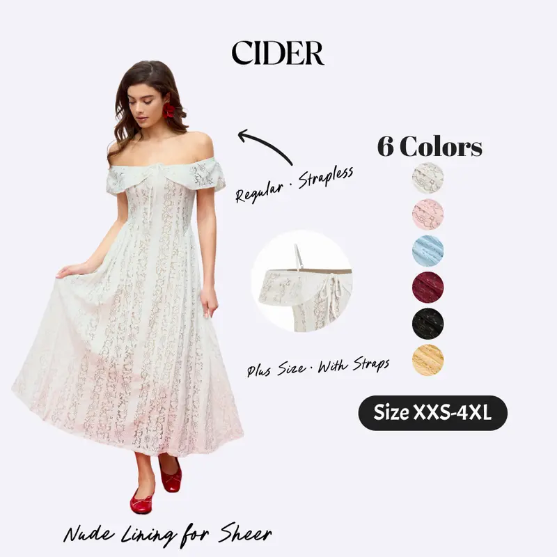 Cider Maxi Dress with Nude Lining for Sheer – Off-Shoulder Knotted Floral Lace Elegant Romantic Women's Wedding Guest Date Night Gown, Flared Regular Fit Long Dress SohoChic