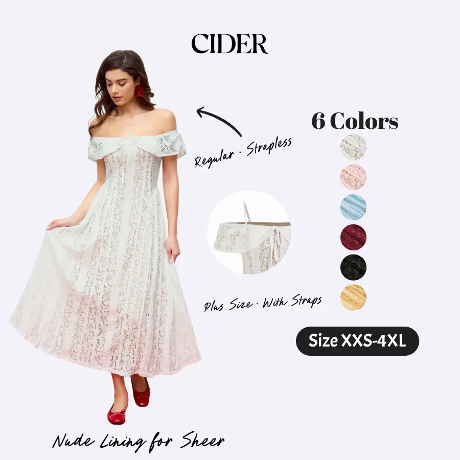 Cider Maxi Dress with Nude Lining for Sheer – Off-Shoulder Knotted Floral Lace Elegant Romantic Women's Wedding Guest Date Night Gown, Flared Regular Fit Long Dress SohoChic