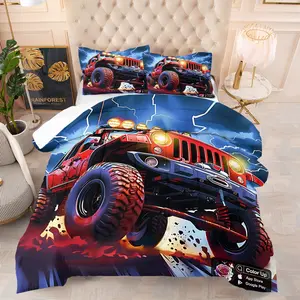 2/3 Piece Cartoon Car Bedding Set, Children'S Holiday Gift, Red Off-Road Vehicle Pattern Comforter Set, Suitable for Children or Teenagers' Bedroom Decoration, Soft and Breathable, Including 1 Quilt and 1/2 Pillowcase
