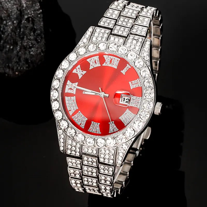 Quartz Watch Set, Unisex Analog Wrist Watch, Fashionable Wristwatches, Luxury Hip-Hop Style with Shiny Rhinestone, Zinc Alloy Chain, Fashion Jewelry Gift for All Seasons