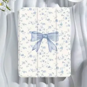 Blue floral and bowknot pattern, with adjustable stand and pencil holder , foldable anti-slip TPU protective case, suitable for Samsung, iPad mini, iPad Air, iPad Pro/iPad 10th generation, 11th generation, and other iPad series protective cases.