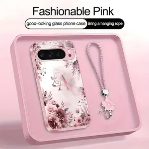 Rose Floral Art 26 letter Phone Case, Suitable for [Google Pixel 9 Pro Xl] high-end women's, Lanyard a beautiful four-leaf clover lanyard is included🍀 952