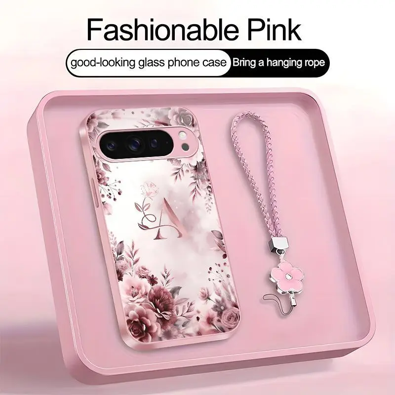 Rose Floral Art 26 letter Phone Case, Suitable for [Google Pixel 9 Pro Xl] high-end women's, Lanyard a beautiful four-leaf clover lanyard is included🍀 952