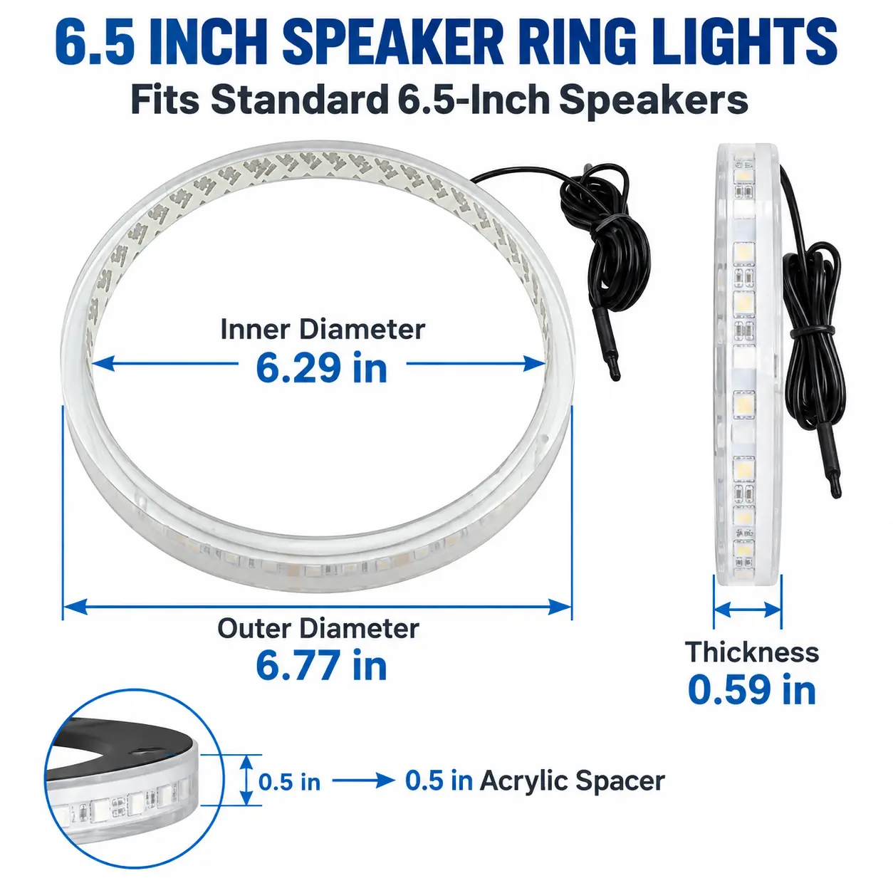 4PCS 6.5 Inch RGB Chasing LED Speaker Ring Lights, 0.59 Inch Acrylic Spacers, App & Remote Control, Waterproof Seal, Marine Grade, Pre-Drilled Mounting, 12V for Cars & Boats
