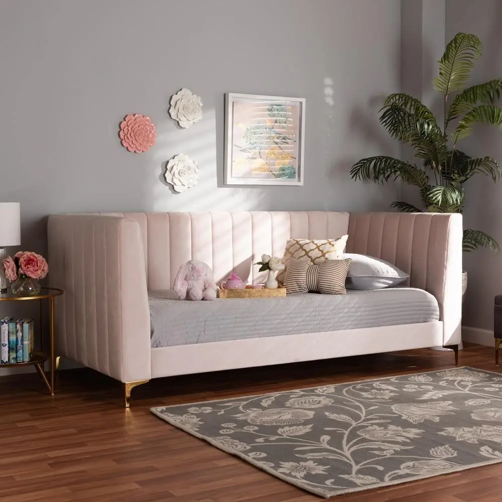 Oksana Modern Contemporary Glam and Luxe Light Pink Velvet Fabric Upholstered and Gold Finished Twin Size Daybed