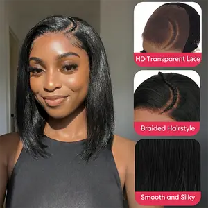 RECOYA ALLREADYWIG Glueless 7x6 Pre Braided Wig Knotless Box Braids 100% Human Hair Ready to Go HD Lace Frontal Braided Bob Wig Pre Plucked Baby Hair Natural Black 12 Inch Wear and Go Pre-Cut Straight Silky