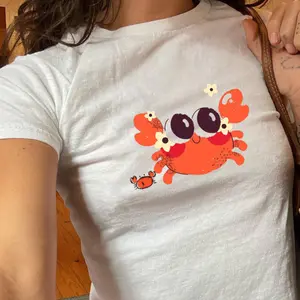 Cute Cartoon Crab Baby Tee Y2K Aesthetic Slim Fit Graphic Shirt for Women, Summer Outfit Inspo