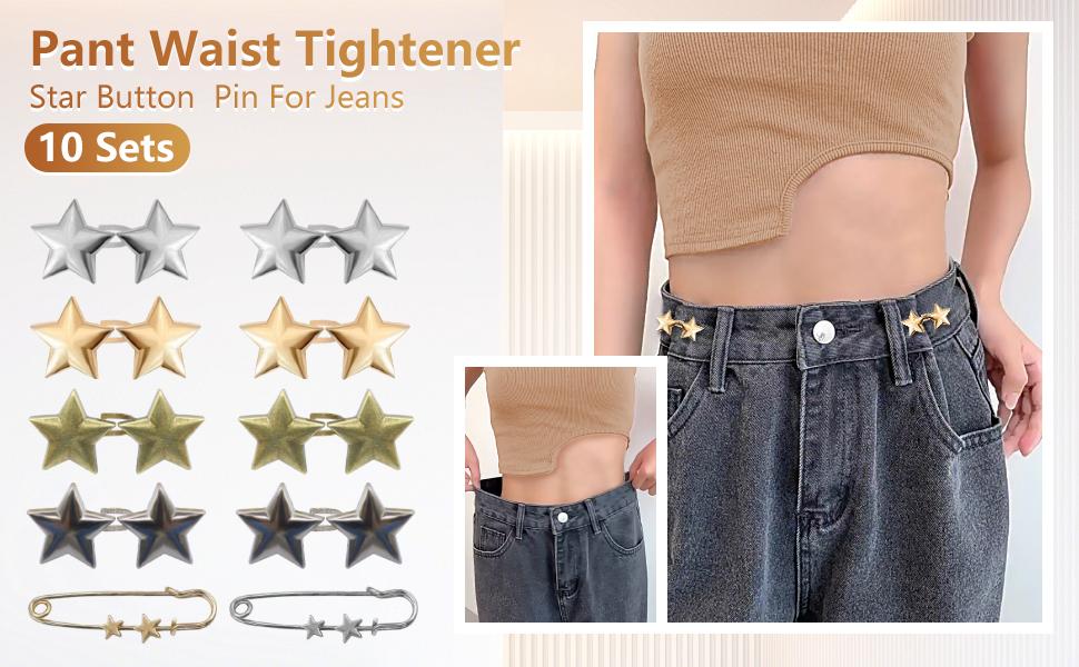 10 Set Metal Star Button Pins for Tightening Waist of Loose Jeans Reusable Waist Cincher Clips for Clothing Dresses Skirts No Sewing Needed