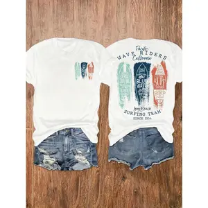 California West Coast Surfer Shirts Surf Team Vintage Surfboard Graphic Tee Women's Casual Round Neck Short Sleeve T-Shirt Suitable for Summer and Spring Vacation