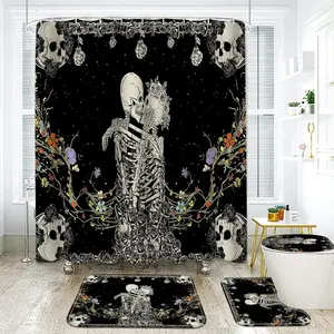 Halloween Decorations Shower Curtain Set with Non-Slip Rugs and Bath Mats, 4 Pcs Skull Black and White Skeleton Couple with Floral Bath Decor Toilet Cover Hooks Bathroom Accessory