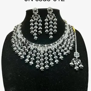Silver plated AD necklace set with earrings and tikka
