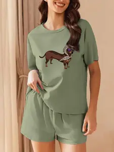 Women's Cartoon Dog Print Tee & Shorts Two-piece Set, Casual Round Neck Short Sleeve T-shirt & Shorts, Ladies Summer Clothes
