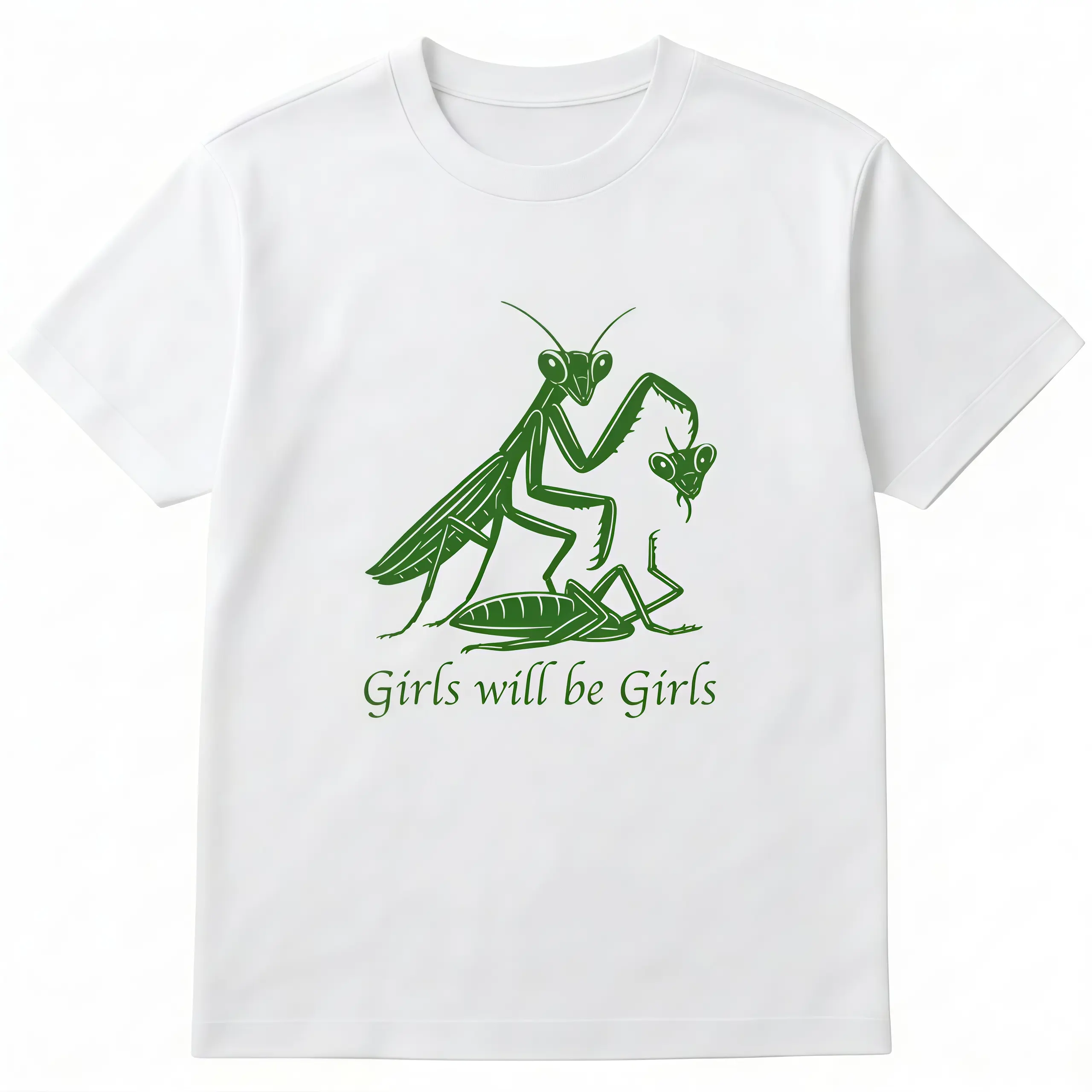 Men's Classic Relaxed-Fit Breathable Short-Sleeve Round Neck Cotton Graphic T-Shirt, Retro Sarcastic Mantis "Girls Will Be Girls" Lettering, Radical Summer Casual OOTD Meme Print Streetwear Top