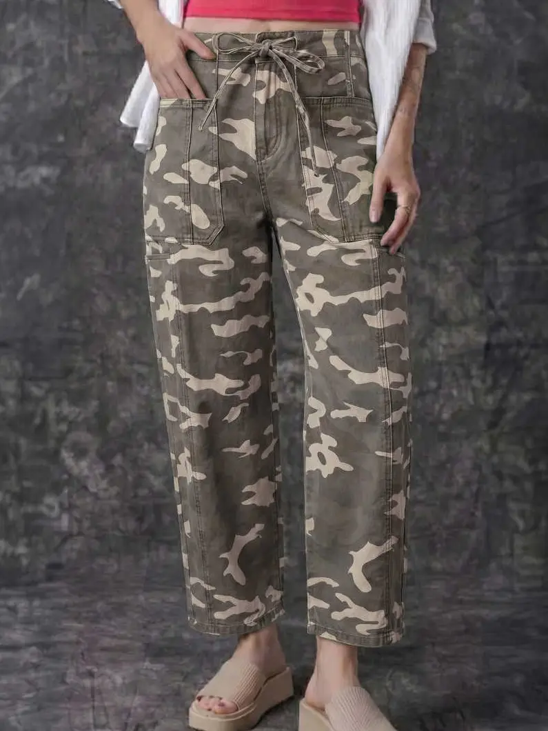 Women’s Leopard Print Barrel Jeans, Drawstring Elastic Waist Casual Denim Pants with Side Pockets, Relaxed Fit Cropped Bottoms for Everyday Wear, Travel and Weekend Outfits, Womenswear ,Chic ,Fashion ,Style