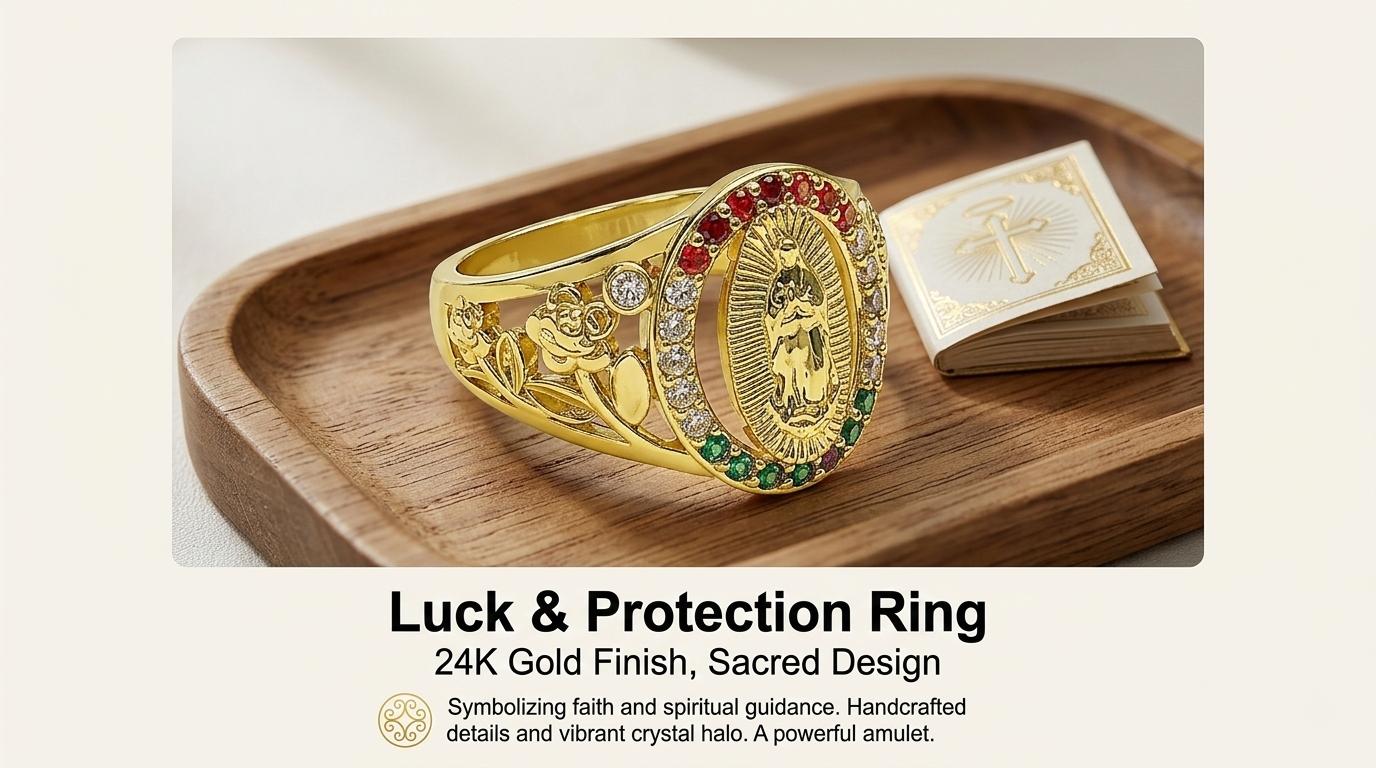 Our Lady of Guadalupe Color Zircon Ring, Vintage Gold Plated Hollow Carved Ring, Religious Prayer Jewelry, Gift for Elderly & Church Members