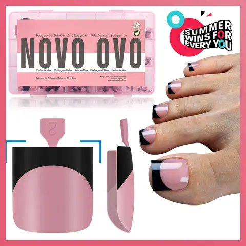 NOVO OVO Halloween Black French Tip Toe Nail Tips Press on, BERRY PINK Sharp Square Pre-Designed Soft Gel False Toenail Extension, Long / Medium Wide Fake Toenails, Full Cover Acrylic for DIY 15 Sizes 240 pcs【DOES NOT INCLUDE: LIGHT, GLUE, BUILDER GEL】