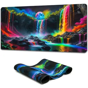 Large Fantasy Waterfall Gaming Mouse Pad-Blacklight Waterproof Glowing Desk Mat, 31.5" x 11.8" Extended Non-Slip Rubber Base for Office & Home