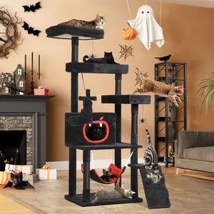 DWVO Gothic Cat Tree with Coffin Bed, 63"/38.6"  Tall Cat Tower for Indoor Cats with Top Perch, Spacious Cat Condos, Spider Hanging Balls,Comfy Hammock, Scratching Post and Ladder, Black Halloween