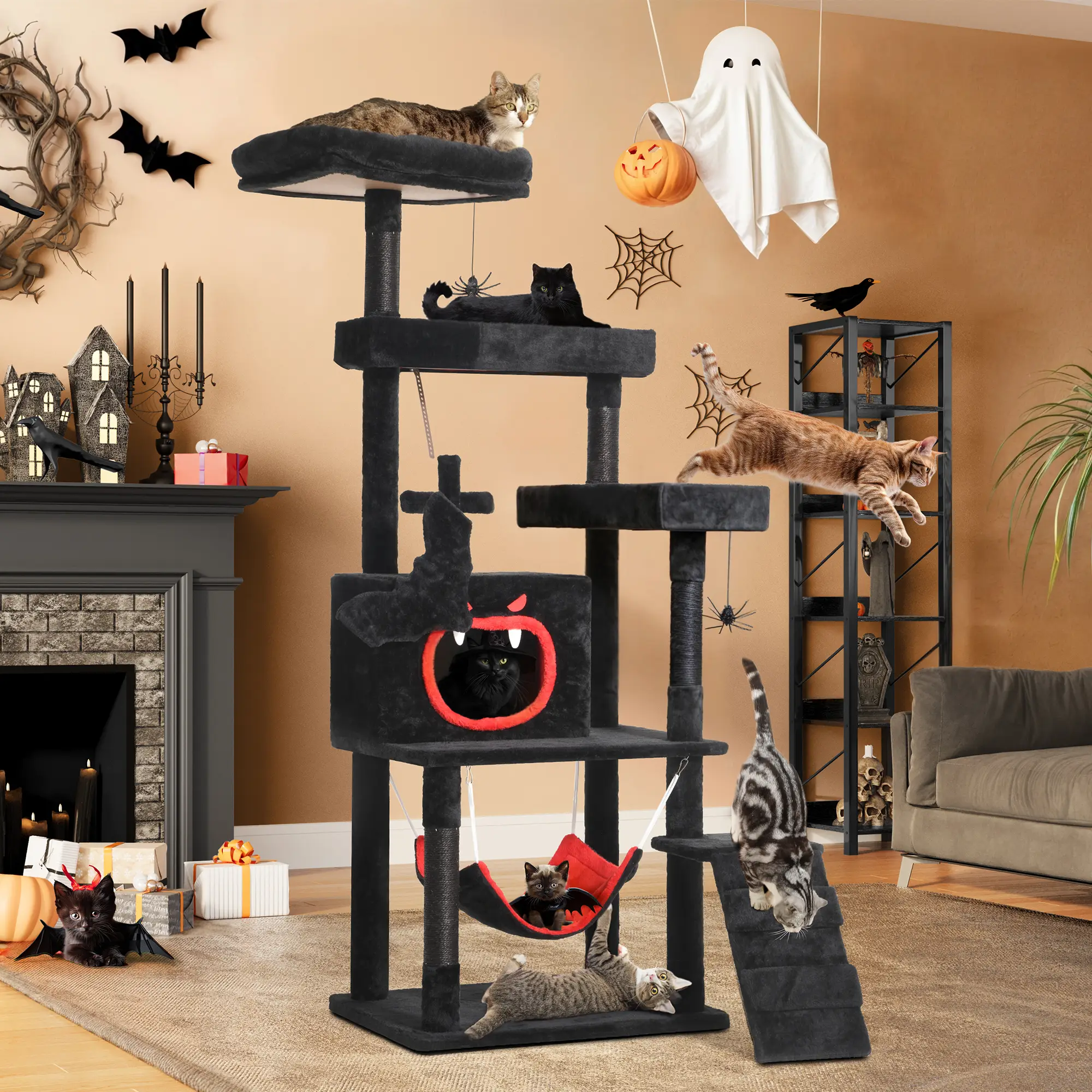DWVO Gothic Cat Tree with Coffin Bed, 63"/38.6" Tall Cat Tower for Indoor Cats with Top Perch, Spacious Cat Condos, Spider Hanging Balls,Comfy Hammoc