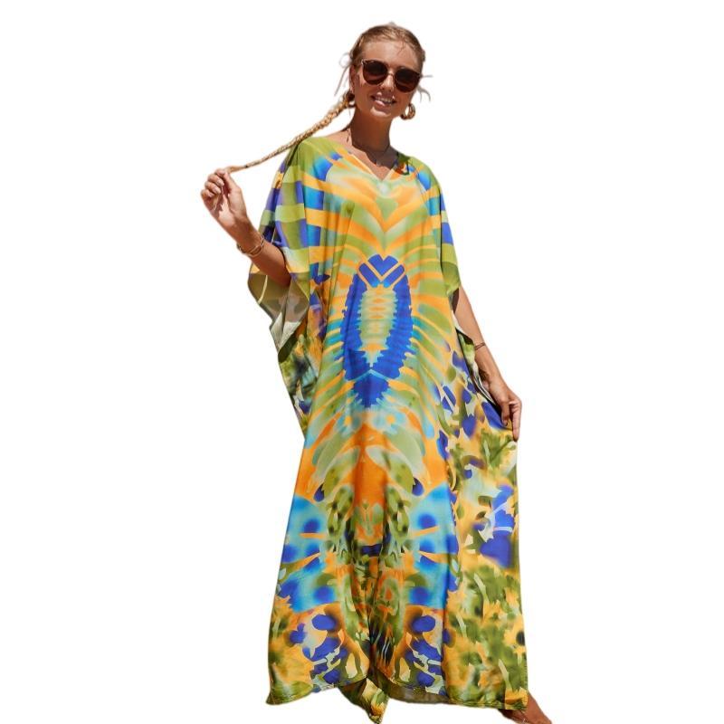 Women's Soft Viscose Bohemian V-Neck Caftan Maxi Dress - Flowy Batwing Sleeve Beach Cover-Up, Casual Resort Loungewear, Side Slits, Versatile Sizing, Easy Care-On/Off, S-Size Range, Everyday Fabric Suit
