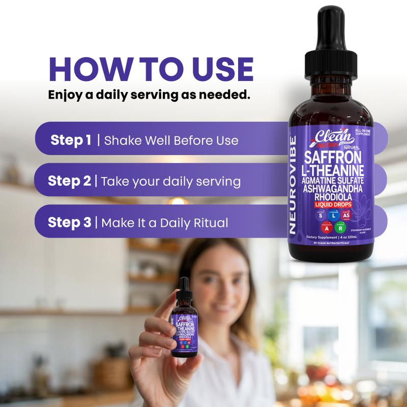 Clean Nutra Saffron Supplement Drops + L-Theanine Ashwagandha Rhodiola Agmatine Sulfate for Calm Mood & Focus Support - NeuroVibe Liquid