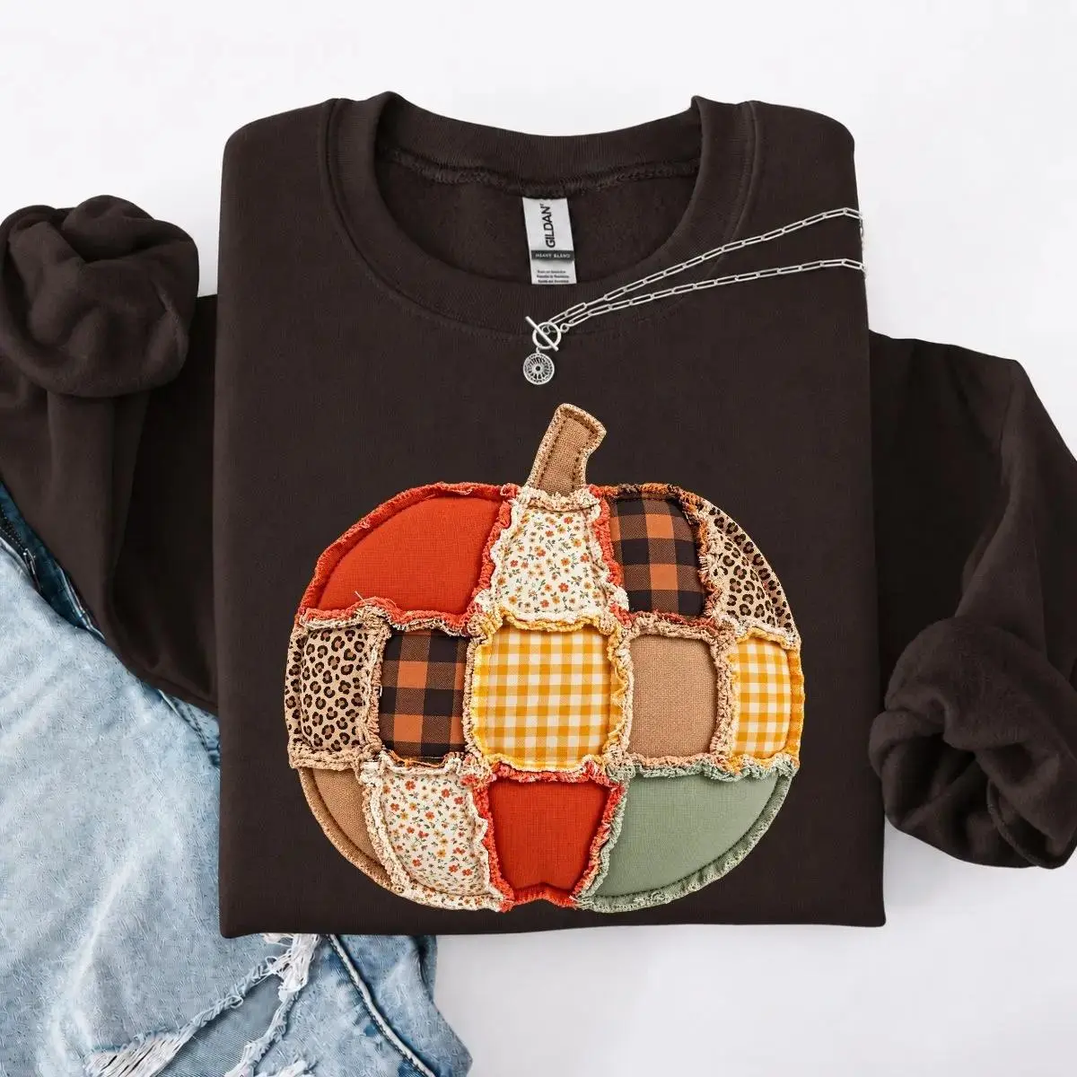 Patchwork Pumpkin Sweatshirt, PRINT NOT Embroidered Floral Quilt Plaid Leopard Crewneck, Cute Fall Gift for Women, Trendy Autumn Pumpkin Pullover Shirt
